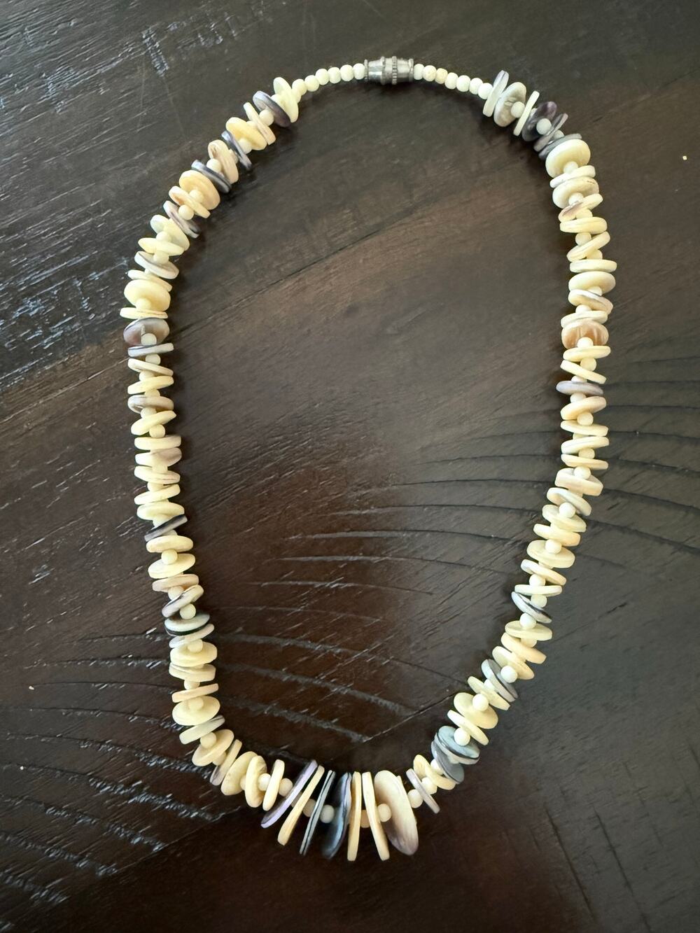 Vintage Handmade Natural Shell Disc Beaded Necklace Boho 15”